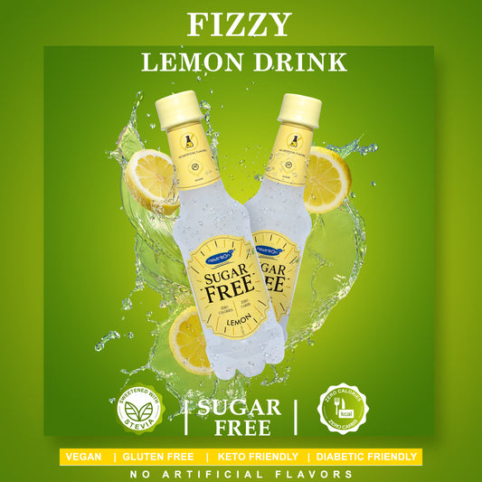 Two bottles of Fizzy Lemon Drink Sugar Free shown floating in a green splash graphic with lemon slices, plus text reading 'FIZZY LEMON DRINK' and 'SUGAR FREE'.