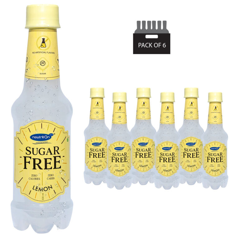 A bottle of Sugar Free lemon sparkling drink shown prominently next to a pack of six smaller bottles, with a small 'PACK OF 6' label above. The product is clear and frosted with a yellow cap and yellow label, branded by Sweetener Labs.