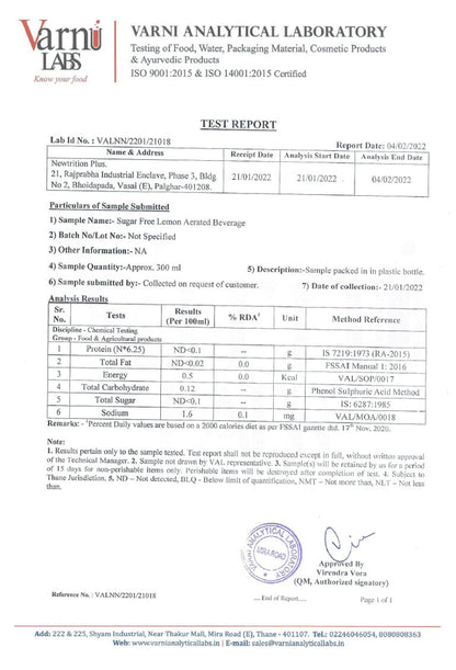 A Varni Analytical Laboratory test report document showing sample information, test parameters, results, and signatures on a white page.