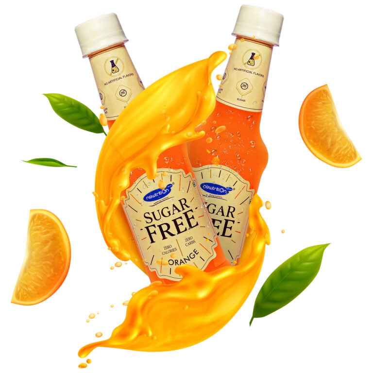 Two bottles of NutriSource Sugar Free Orange juice arranged with a large orange liquid splash, surrounded by orange slices and green leaves on a white background.