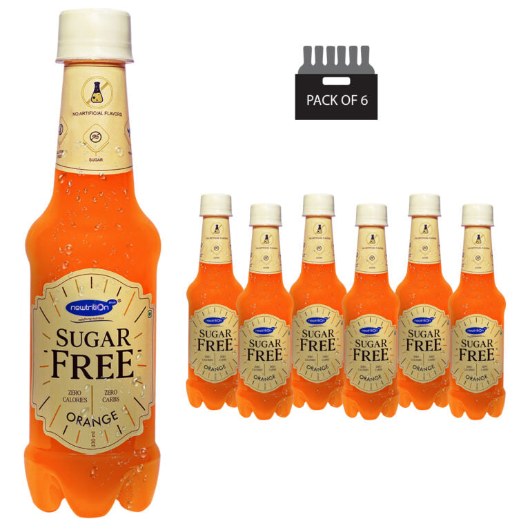 A pack of FreshNoo Sugar Free Orange Zero Calorie Cane Sugar drink bottles, featuring one large bottle on the left and five smaller bottles on the right, with a black graphic indicating 'PACK OF 6' at the top right.