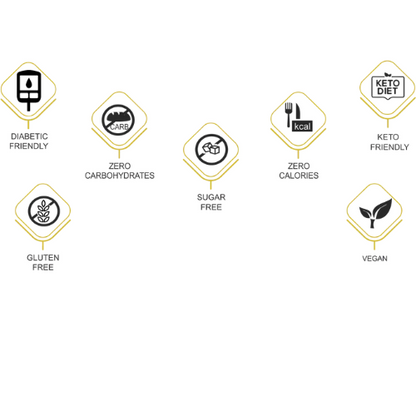 A set of seven gold and black dietary and health icons on a white background, labeled diabetic friendly, carb free, zero carbohydrates, sugar free, zero calories, keto friendly, gluten free, and vegan.